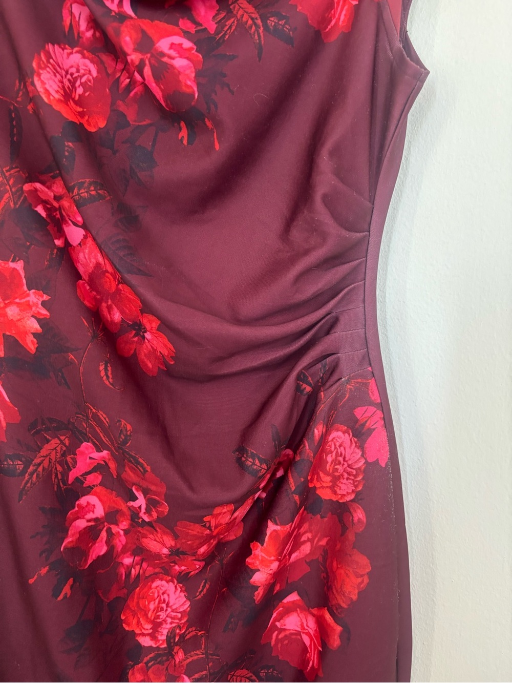 Julian Taylor Burgundy Midi Dress with Red and Pink Floral Design